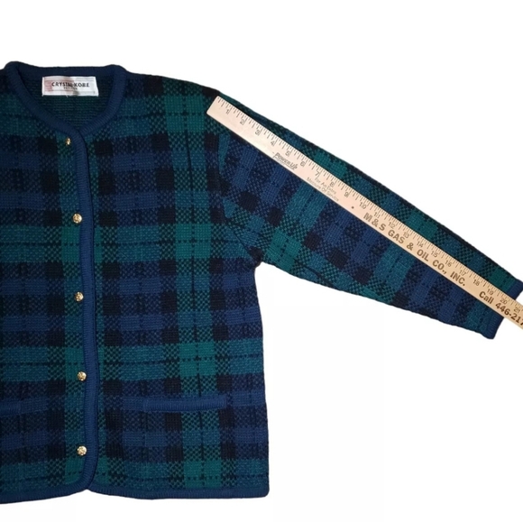Vintage Crystal Kobe Cardigan Acryli Sweater Green Tartan Plaid Gold Buttons 80s - Picture 9 of 12